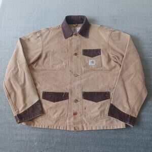 Vintage Carhartt Chore Jacket Mens XL Tan Corduroy Pockets Collar Cuff CU016